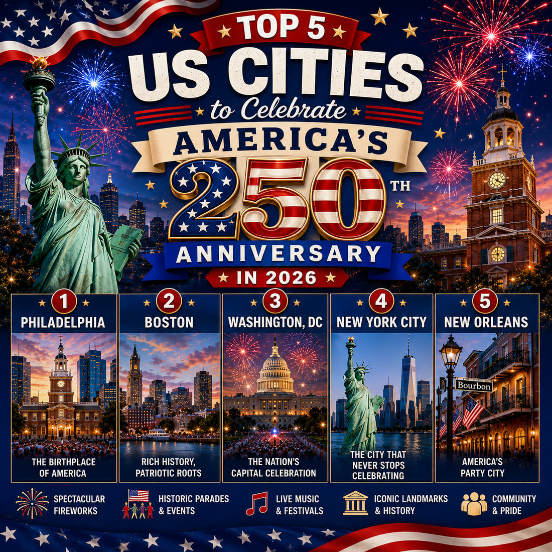 Top 5 US Cities to Celebrate America's 250th Anniversary in 2026