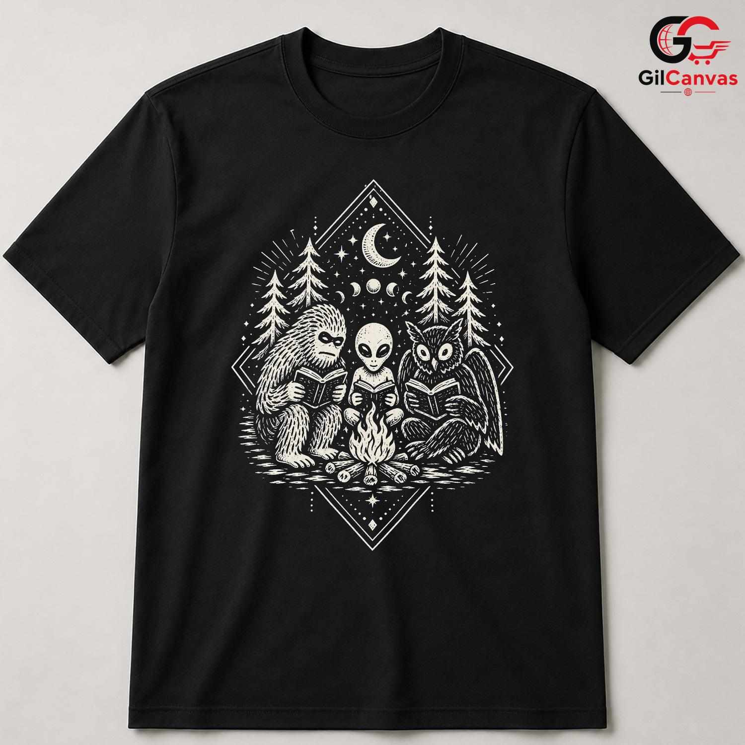 Alien Sasquatch Owl T-Shirt Unisex Cosplay Adventure Reading Stars Graphic Apparel