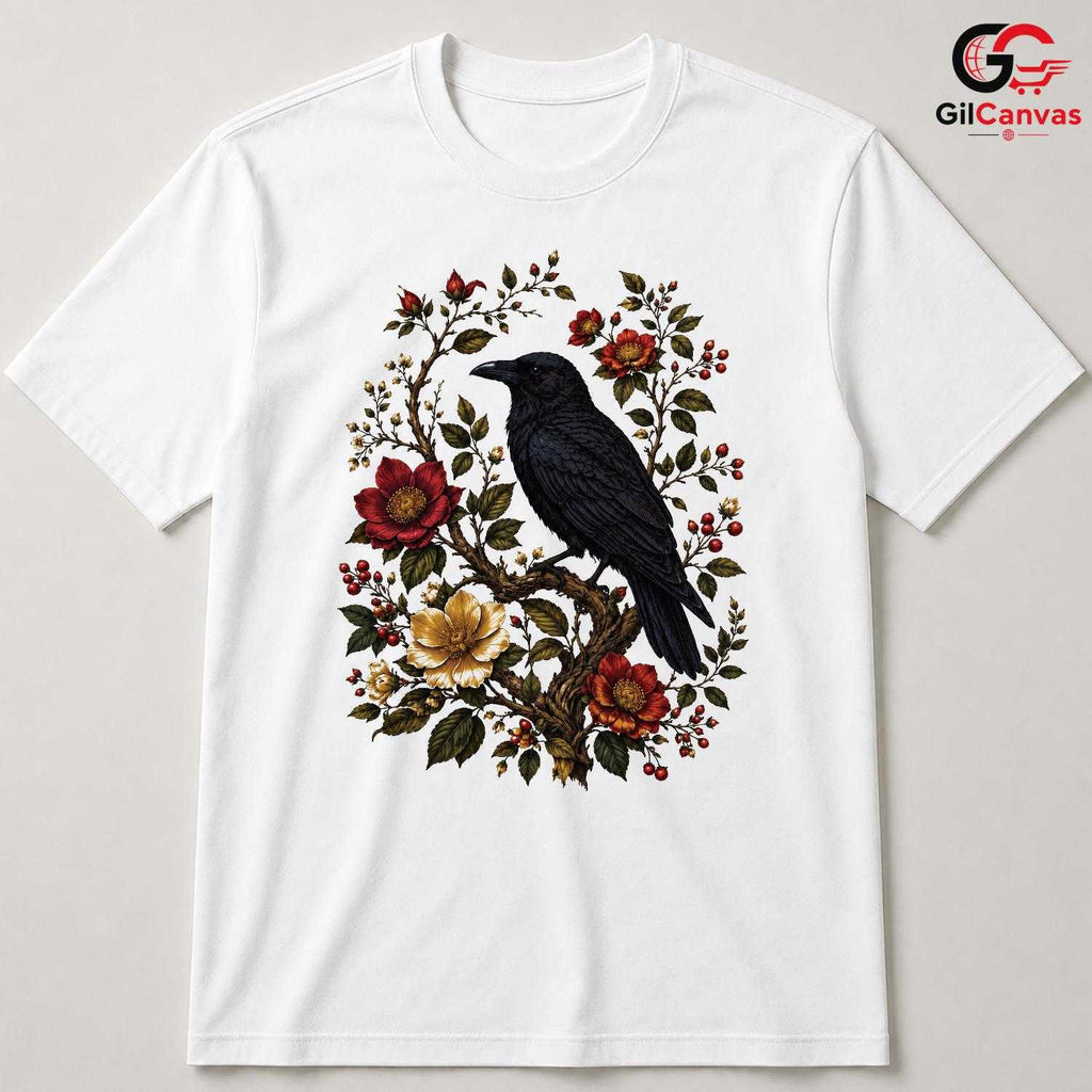 Floral Raven Art Halloween Tee Men Women Spooky Bird Design Nature Graphic Shirt