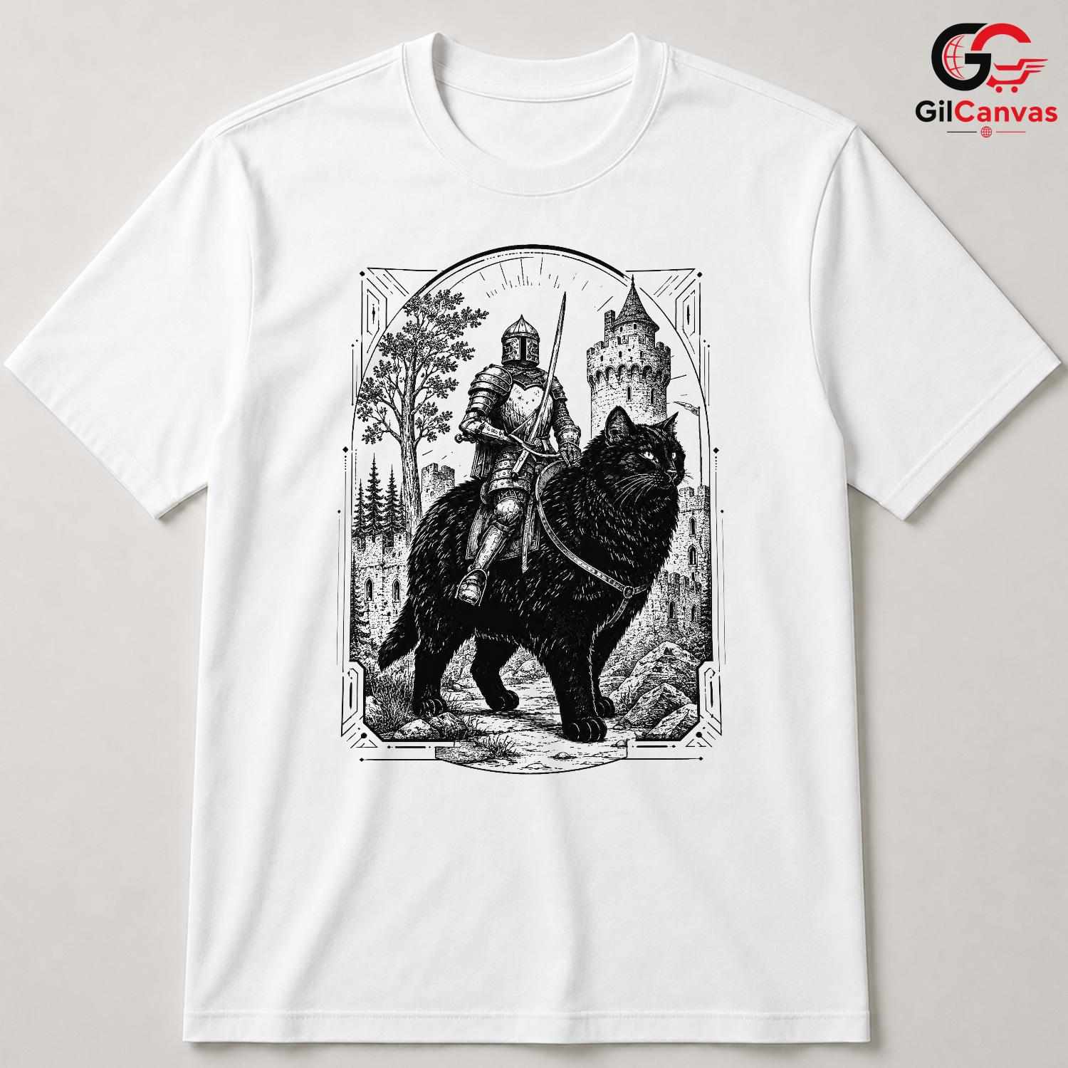 Knight Black Cat T-Shirt Unisex Fantasy Art Adventure Lover Graphic Fun Tee