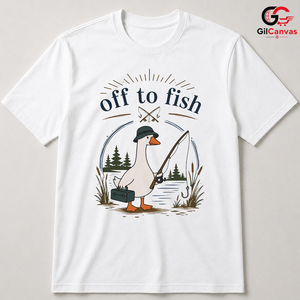 Off To Fish Cartoon Duck T-Shirt Angler Enthusiast Unisex Casual Apparel