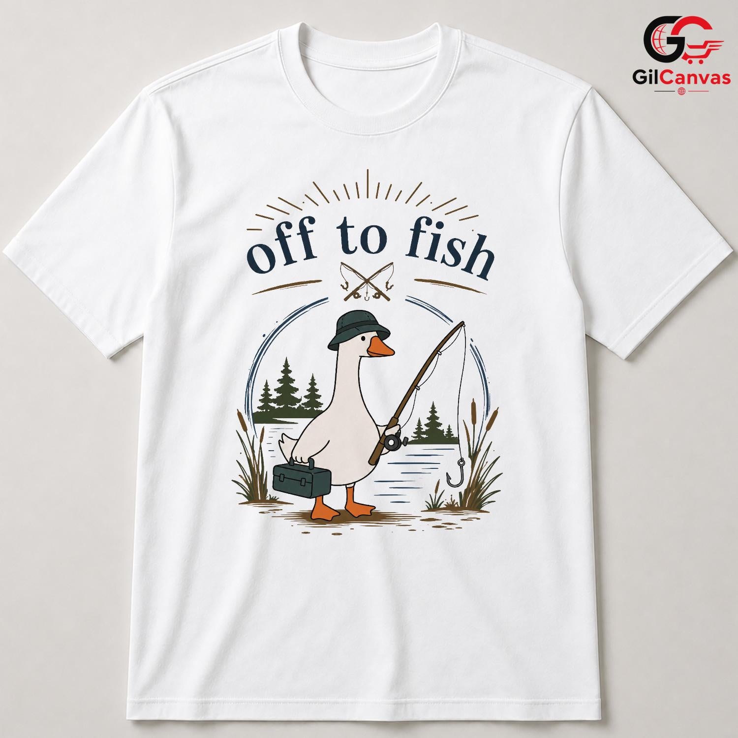 Off To Fish Cartoon Duck T-Shirt Angler Enthusiast Unisex Casual Apparel