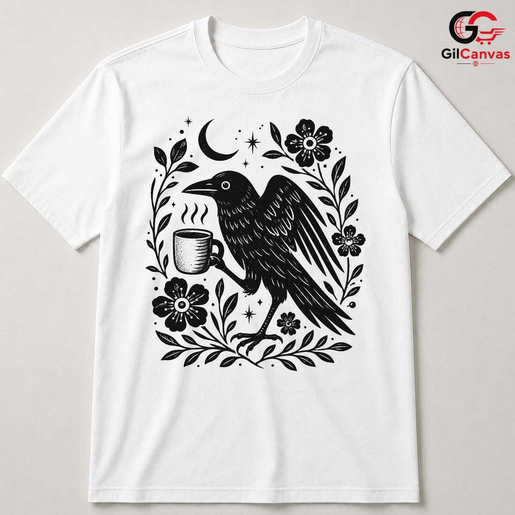 Raven Drinking Coffee T-Shirt Men Women Halloween Stylish Graphic Custom Shirt