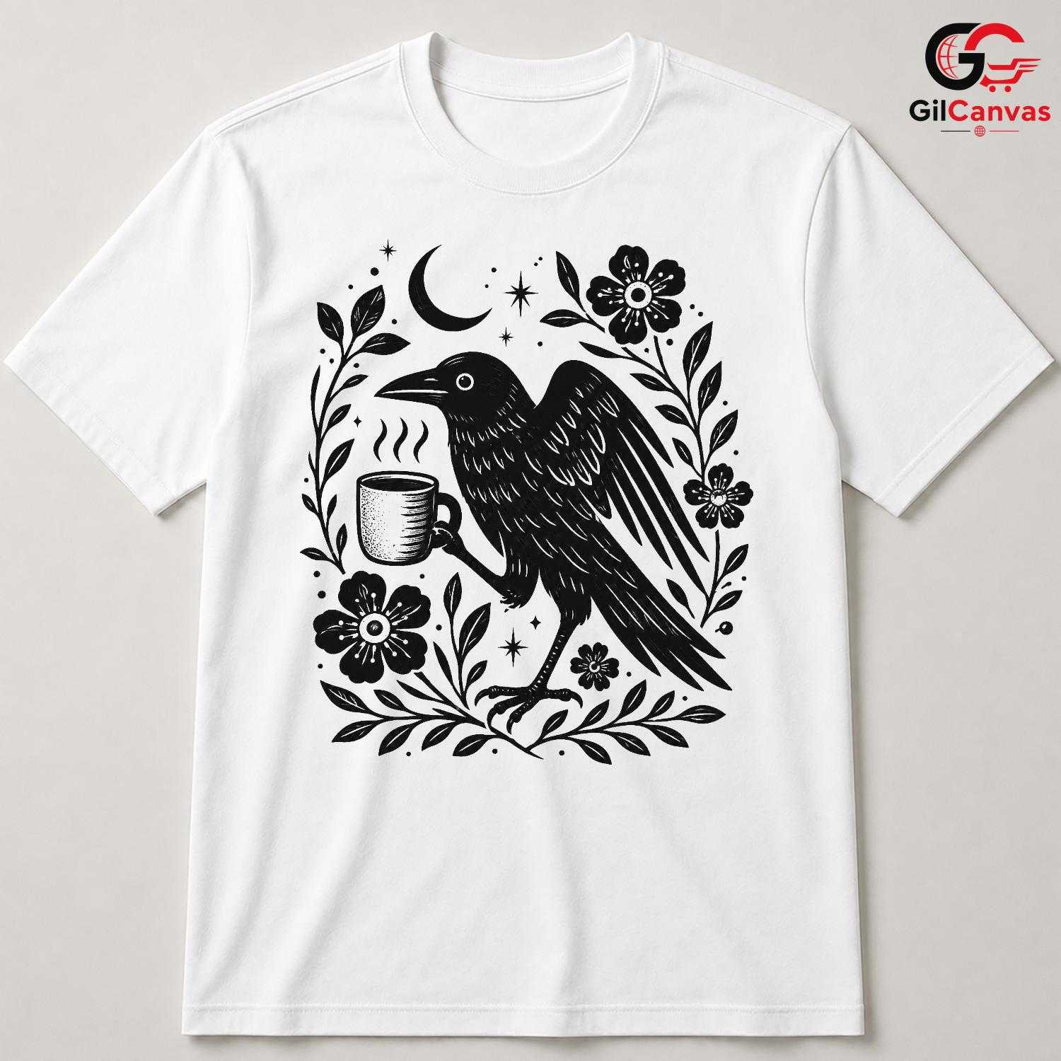Raven Drinking Coffee T-Shirt Men Women Halloween Stylish Graphic Custom Shirt