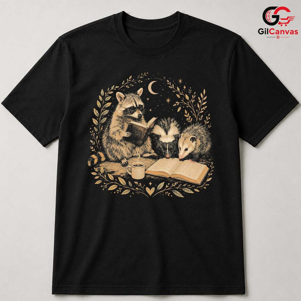 Reading Animals T-Shirt Unisex Book Lover Cute Raccoon Skunk Graphic Apparel