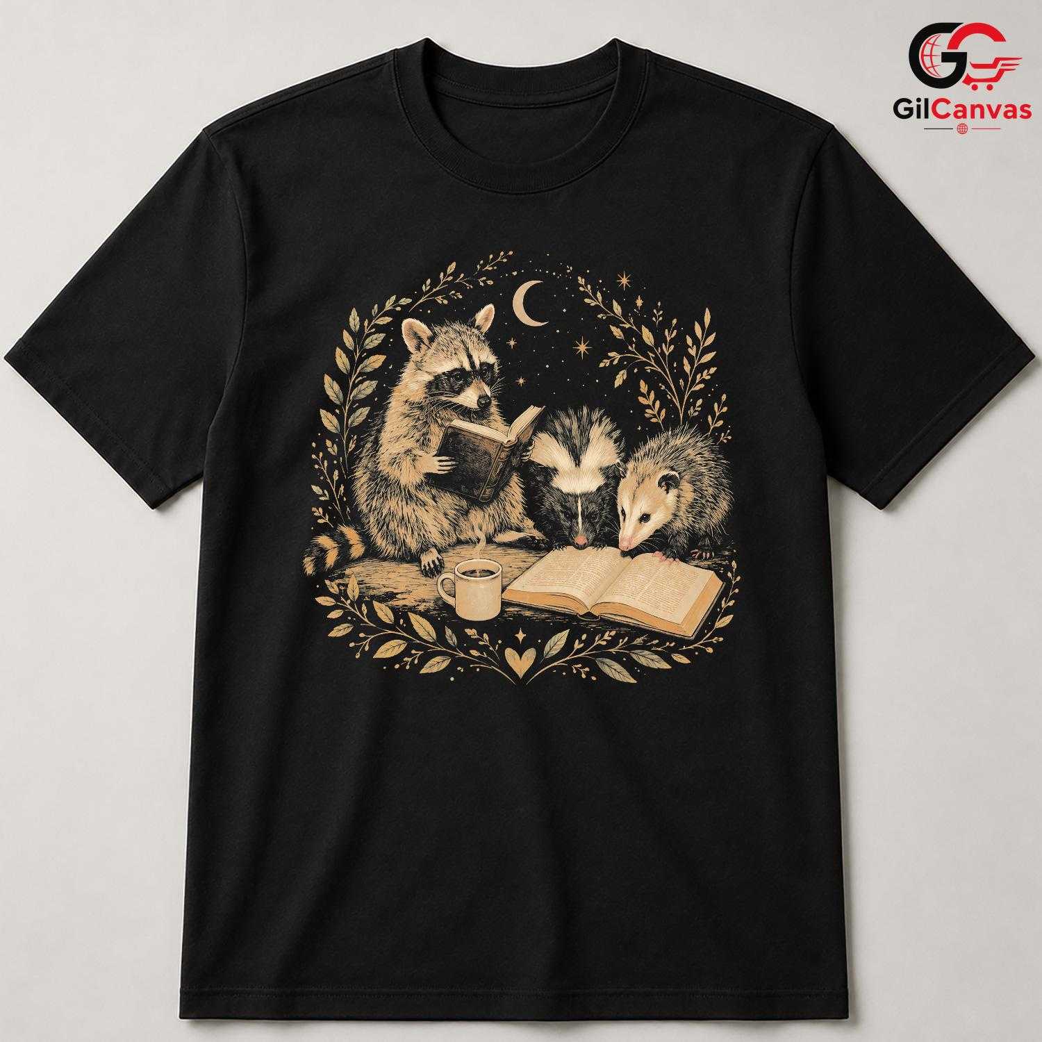 Reading Animals T-Shirt Unisex Book Lover Cute Raccoon Skunk Graphic Apparel