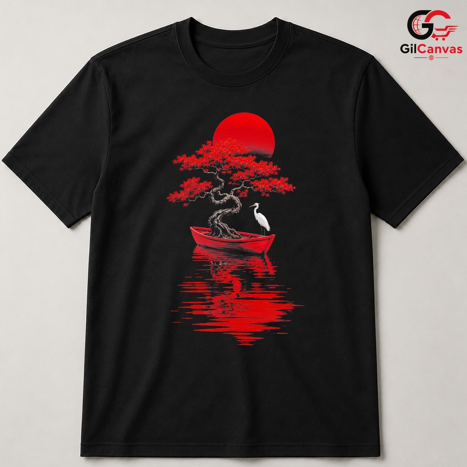 Red Sun Bonsai Tree T-Shirt Asian Art Nature Lover Unisex Graphic Apparel