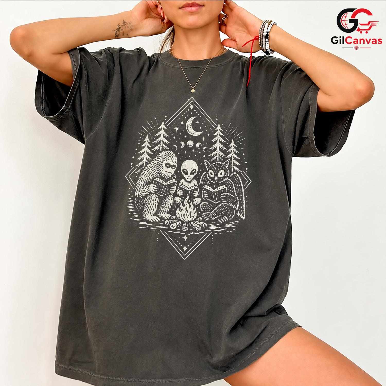 Alien Sasquatch Owl T-Shirt Unisex Cosplay Adventure Reading Stars Graphic Apparel