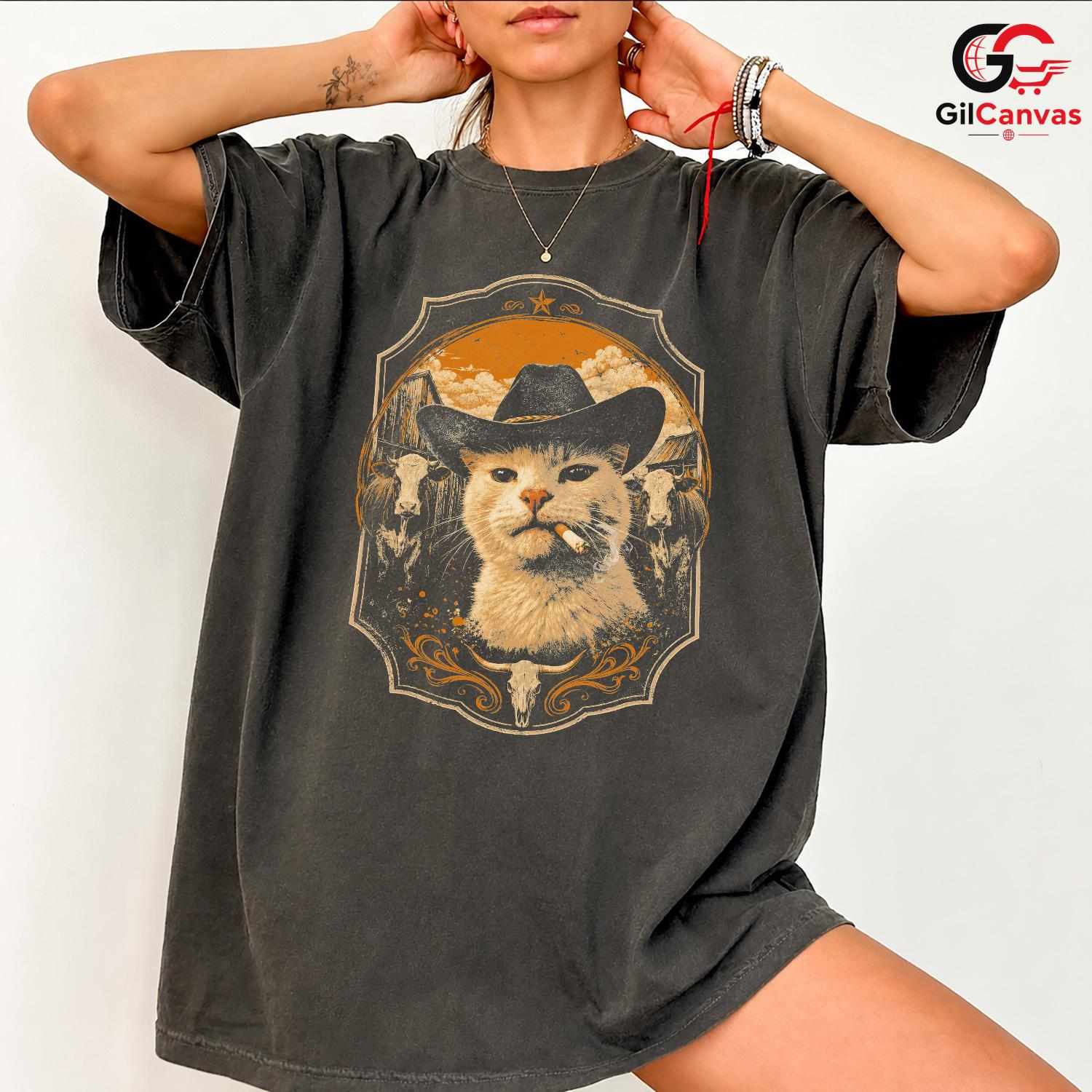 Country Funny Cat T-Shirt Unisex Animal Lover Theme Feline Graphic Casual Apparel