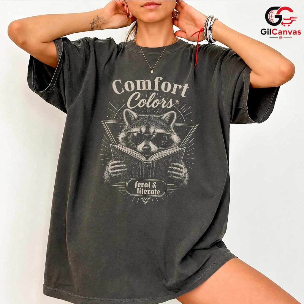 Feral Raccoon Book T-Shirt Men Women Stylish Reader Graphic Funny Animal Tee