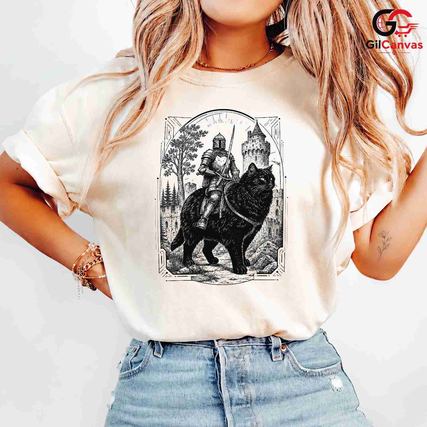 Knight Black Cat T-Shirt Unisex Fantasy Art Adventure Lover Graphic Fun Tee