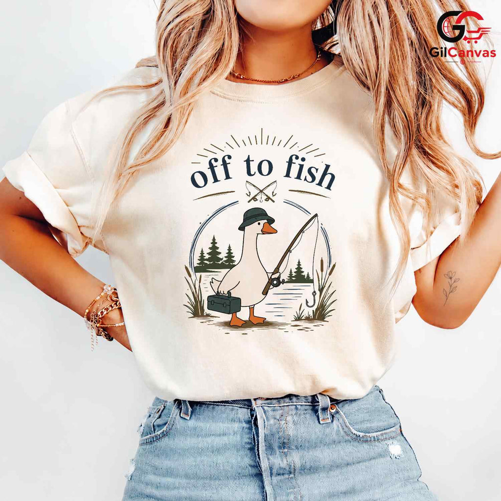 Off To Fish Cartoon Duck T-Shirt Angler Enthusiast Unisex Casual Apparel