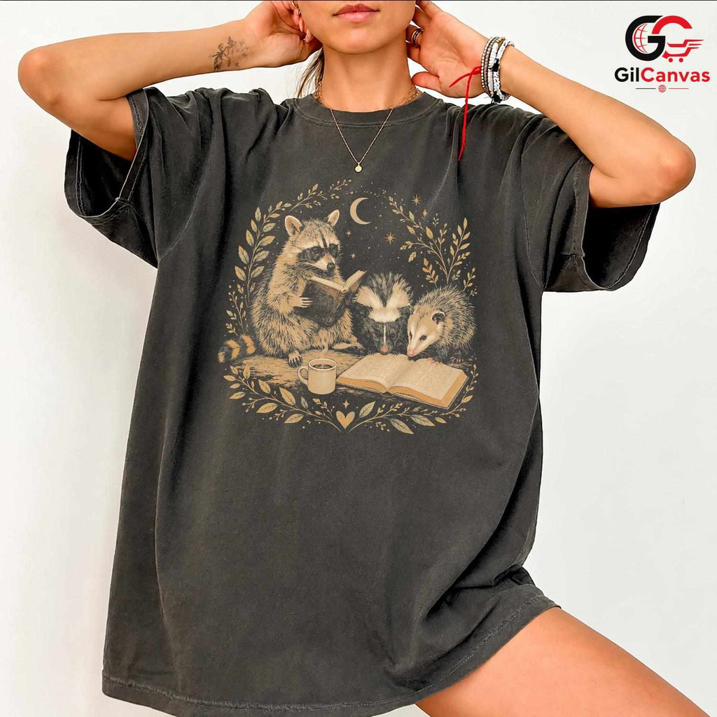 Reading Animals T-Shirt Unisex Book Lover Cute Raccoon Skunk Graphic Apparel