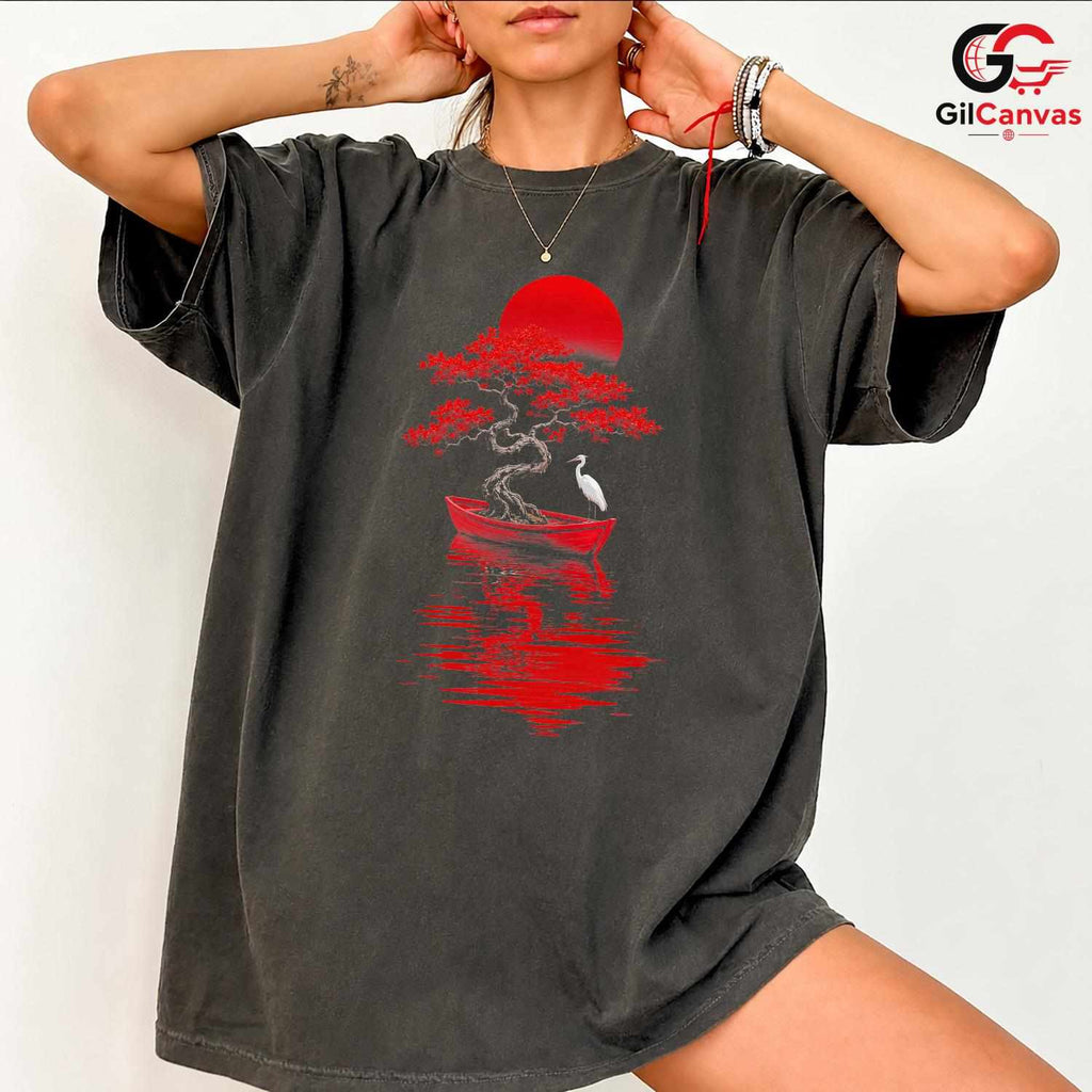 Red Sun Bonsai Tree T-Shirt Asian Art Nature Lover Unisex Graphic Apparel