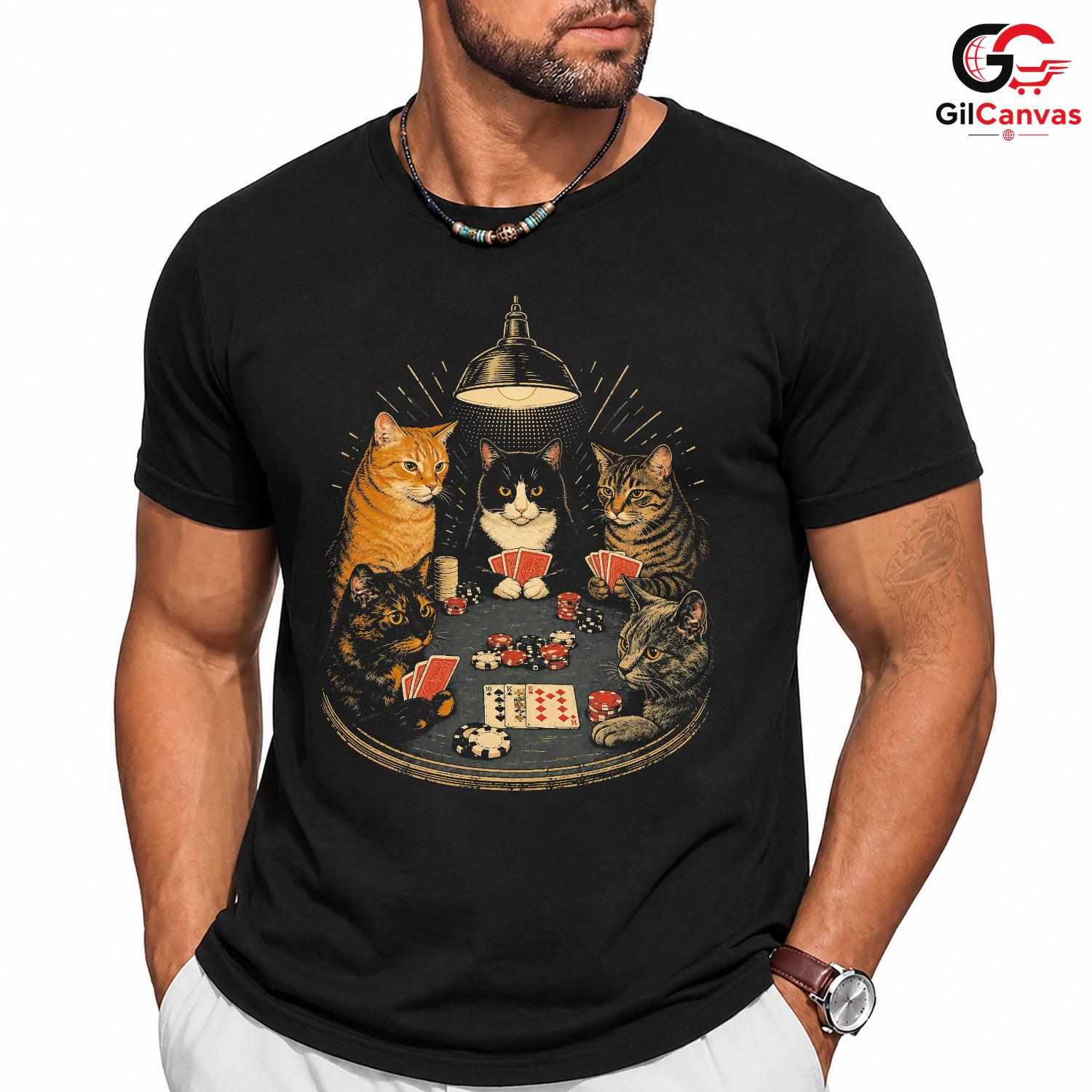 Cats Playing Poker T-Shirt Unisex Humorous Animal Lover Card Graphic Apparel