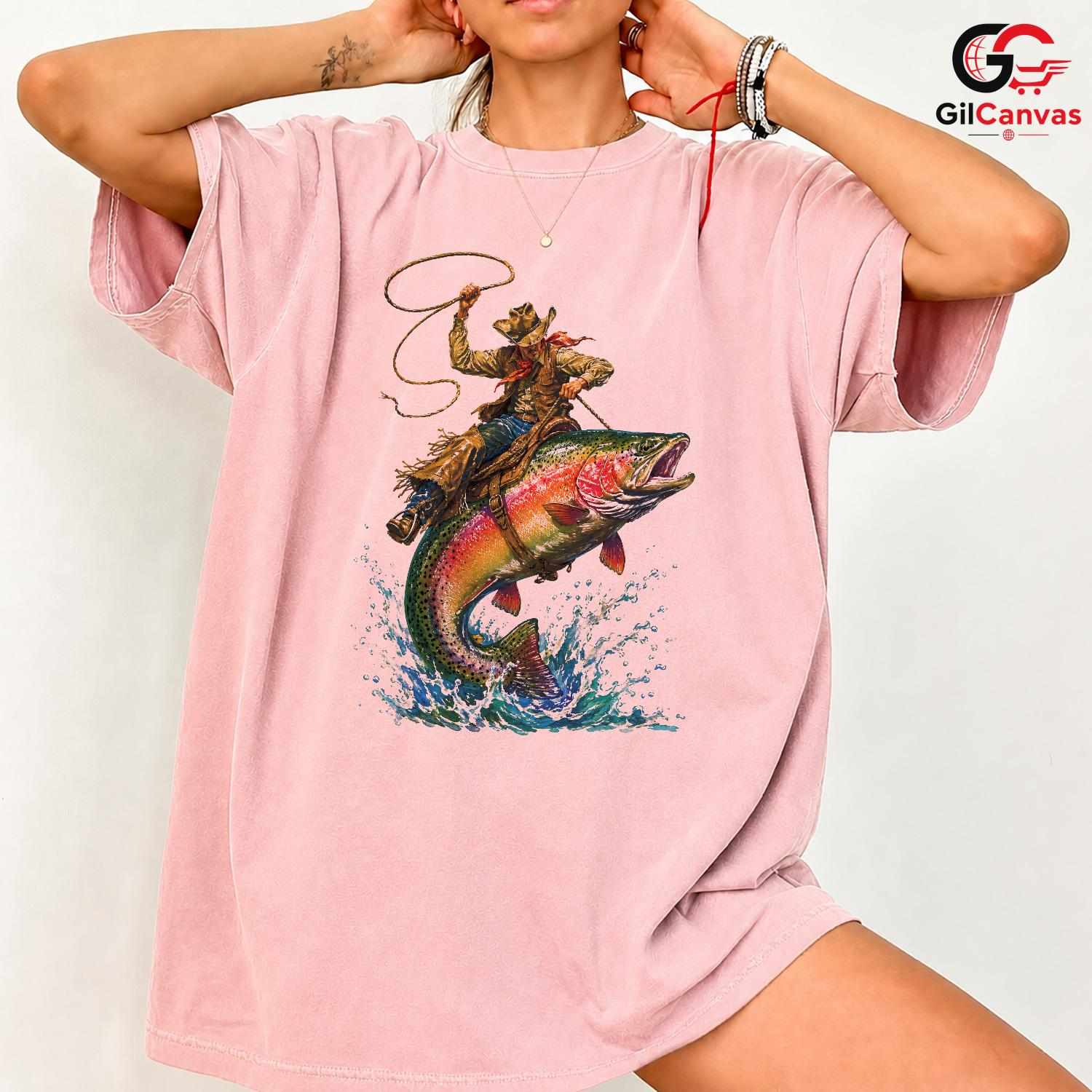 Cowboy Riding Fish Tee Shirt Outdoor Fishing Adventure Unisex Graphic Apparel