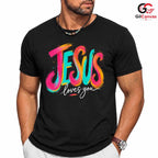 Jesus Loves You Graphic Tee Colorful Christmas Inspirational Unisex Apparel