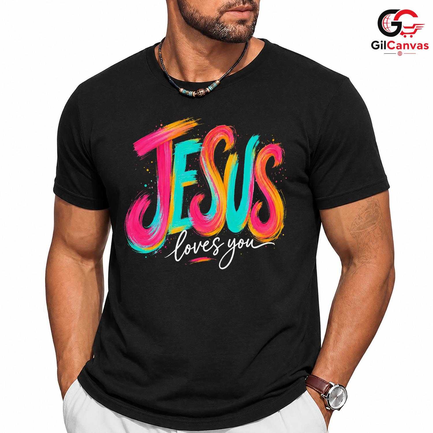 Jesus Loves You Graphic Tee Colorful Christmas Inspirational Unisex Apparel