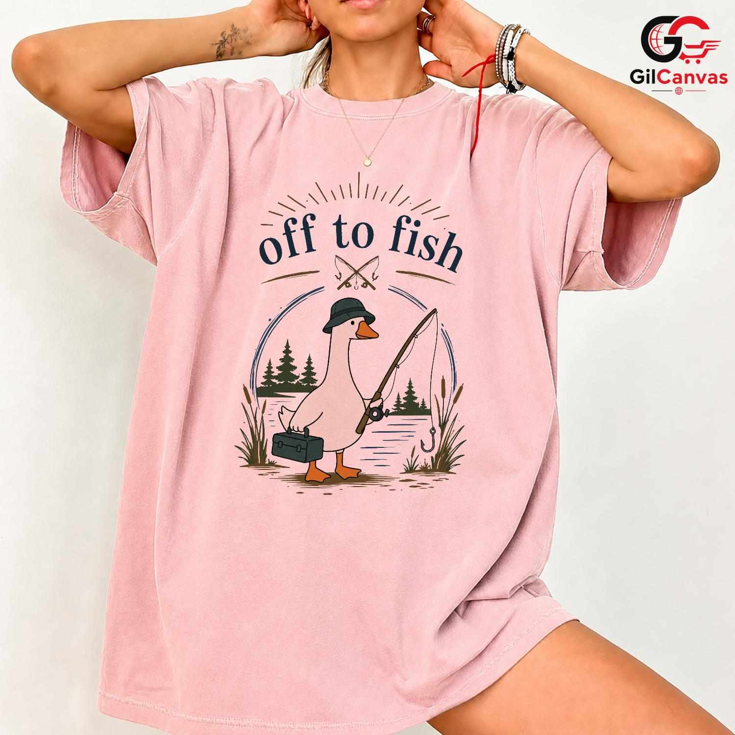 Off To Fish Cartoon Duck T-Shirt Angler Enthusiast Unisex Casual Apparel
