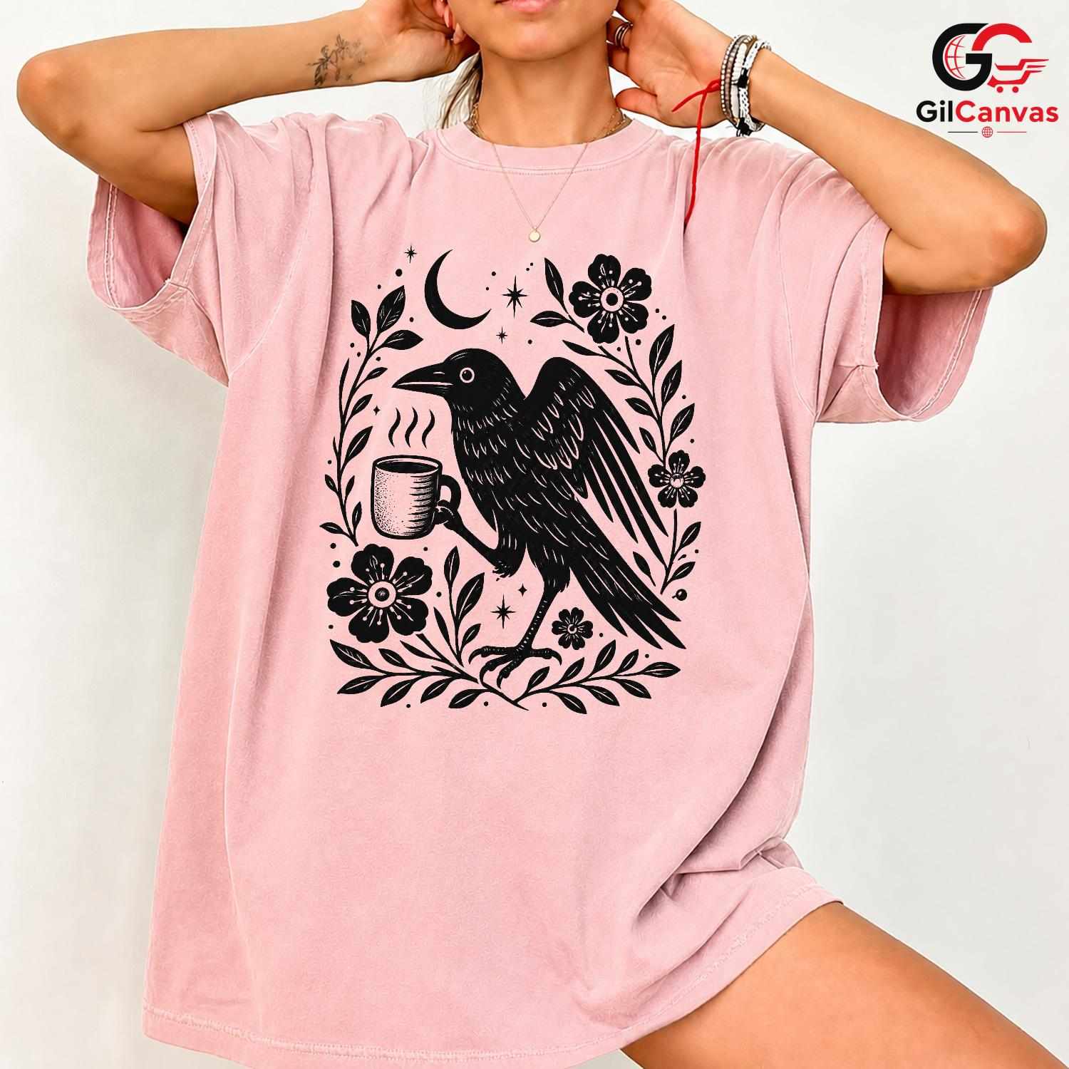 Raven Drinking Coffee T-Shirt Men Women Halloween Stylish Graphic Custom Shirt