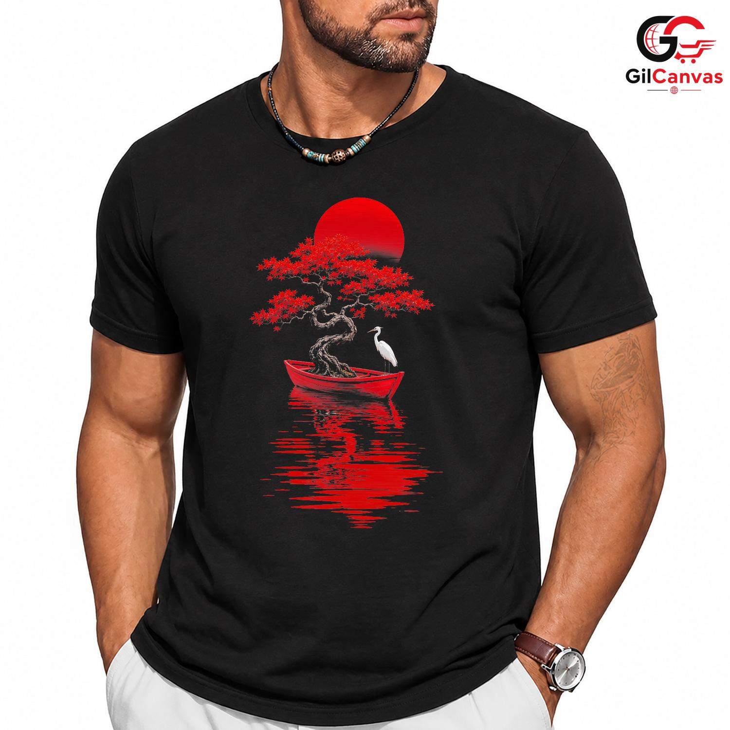 Red Sun Bonsai Tree T-Shirt Asian Art Nature Lover Unisex Graphic Apparel