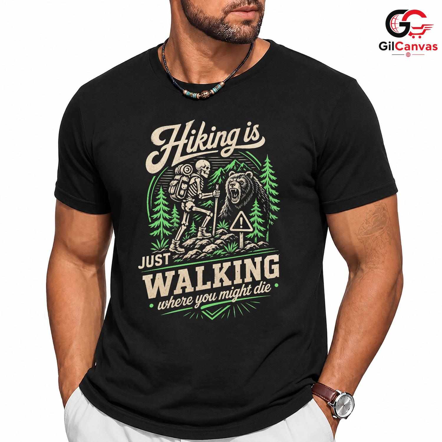 Skeleton Bear Hiking T-Shirt Men Women Outdoor Adventure Trail Hiker Graphic Shirt