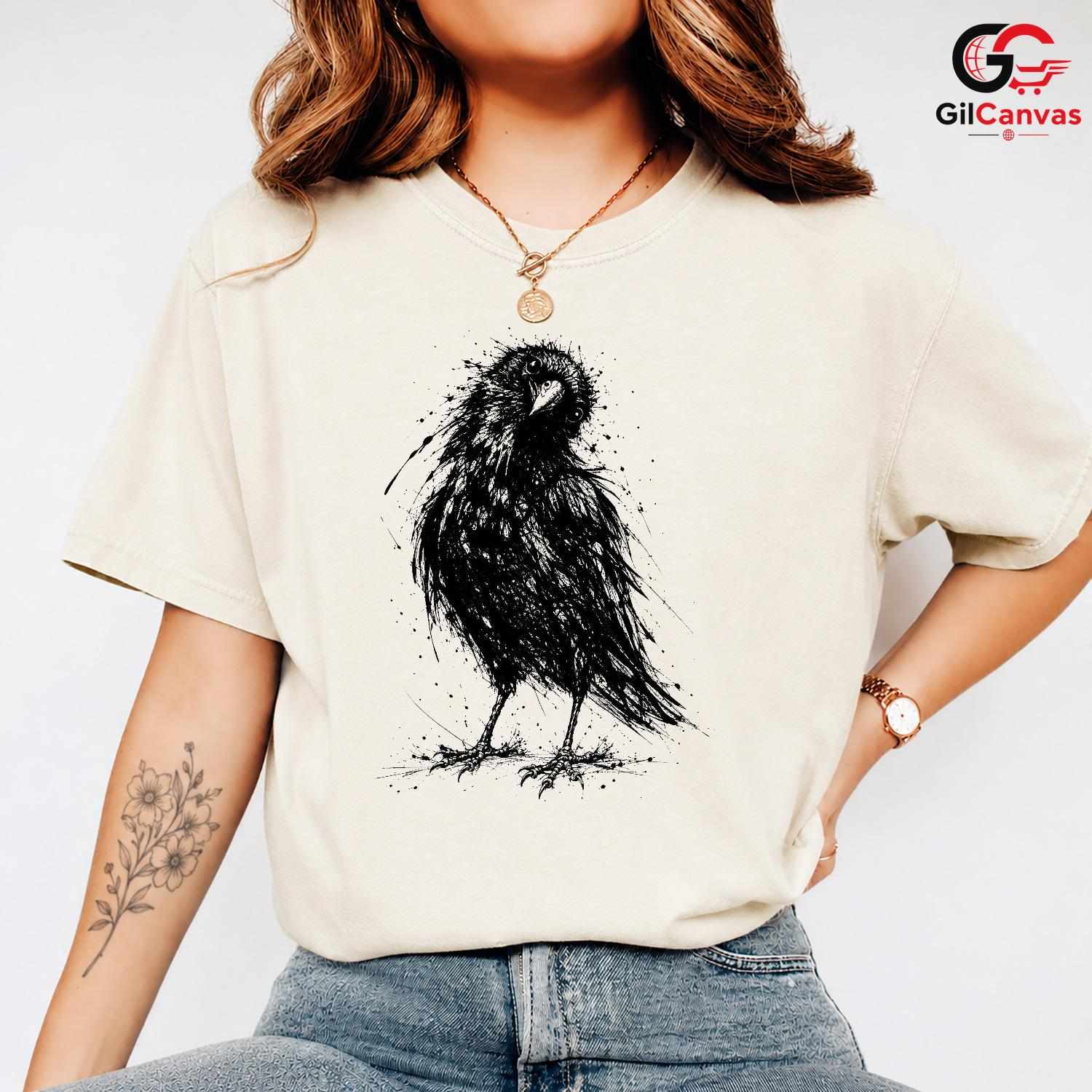 Black Raven Halloween T-Shirt Unisex Spooky Bird Design Graphic Apparel Fun Tee