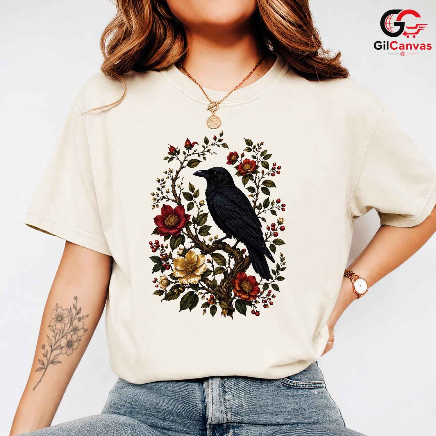 Floral Raven Art Halloween Tee Men Women Spooky Bird Design Nature Graphic Shirt
