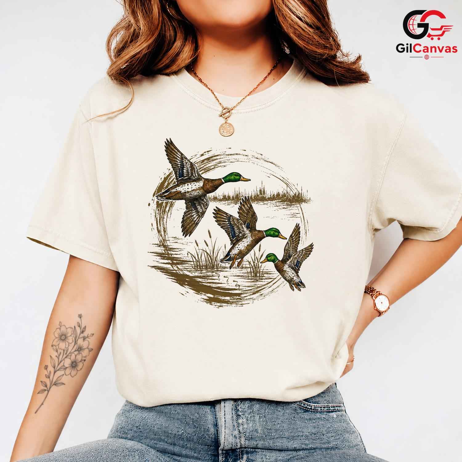 Flying Ducks Wildlife T-Shirt Men Women Outdoor Enthusiast Nature Graphic Tee