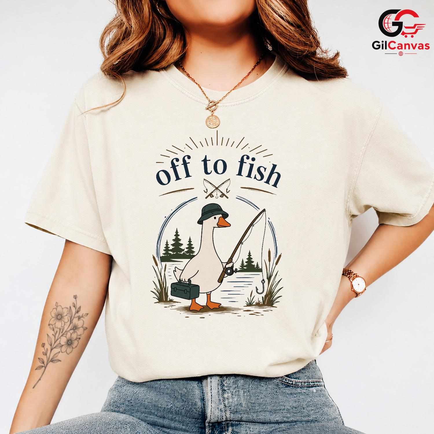 Off To Fish Cartoon Duck T-Shirt Angler Enthusiast Unisex Casual Apparel