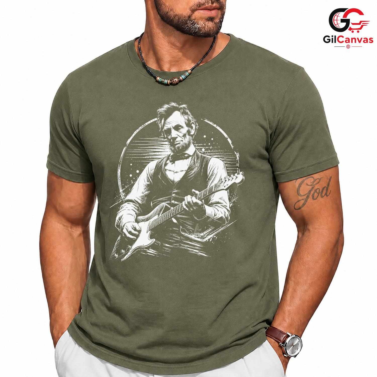Abraham Lincoln Guitar T-Shirt Vintage Rock Band Music Unisex Graphic Tee