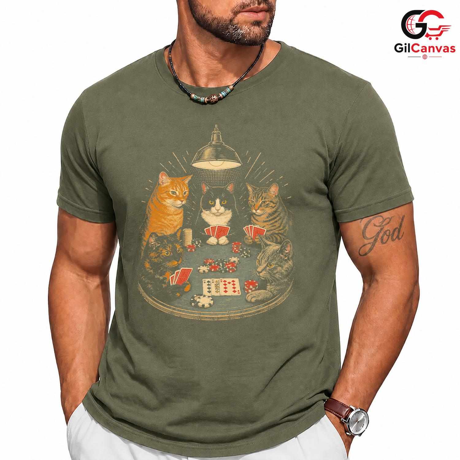 Cats Playing Poker T-Shirt Unisex Humorous Animal Lover Card Graphic Apparel