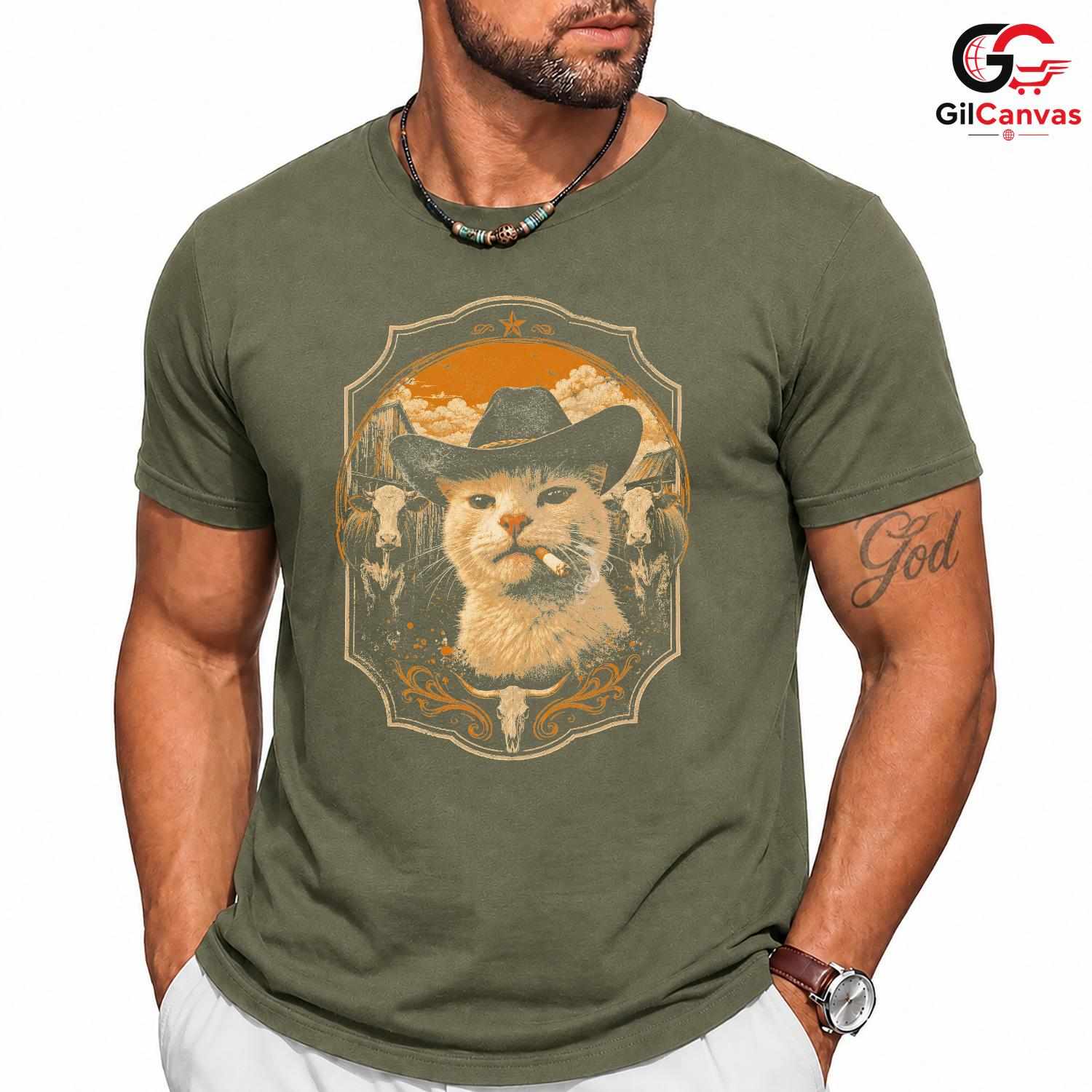 Country Funny Cat T-Shirt Unisex Animal Lover Theme Feline Graphic Casual Apparel