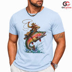 Cowboy Riding Fish Tee Shirt Outdoor Fishing Adventure Unisex Graphic Apparel
