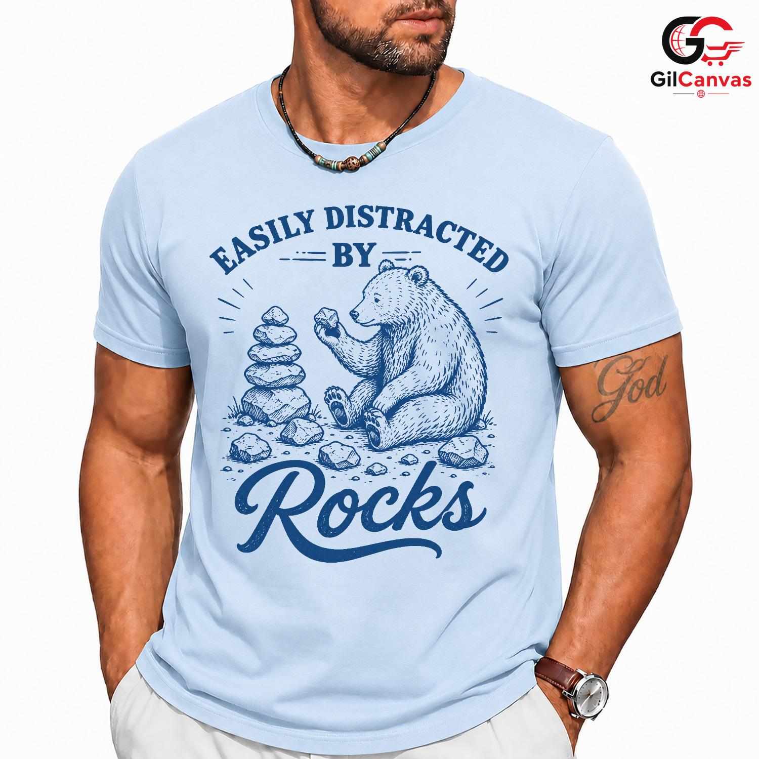 Distracted By Rocks T-Shirt Cute Bear Nature Lover Fun Unisex Graphic Tee