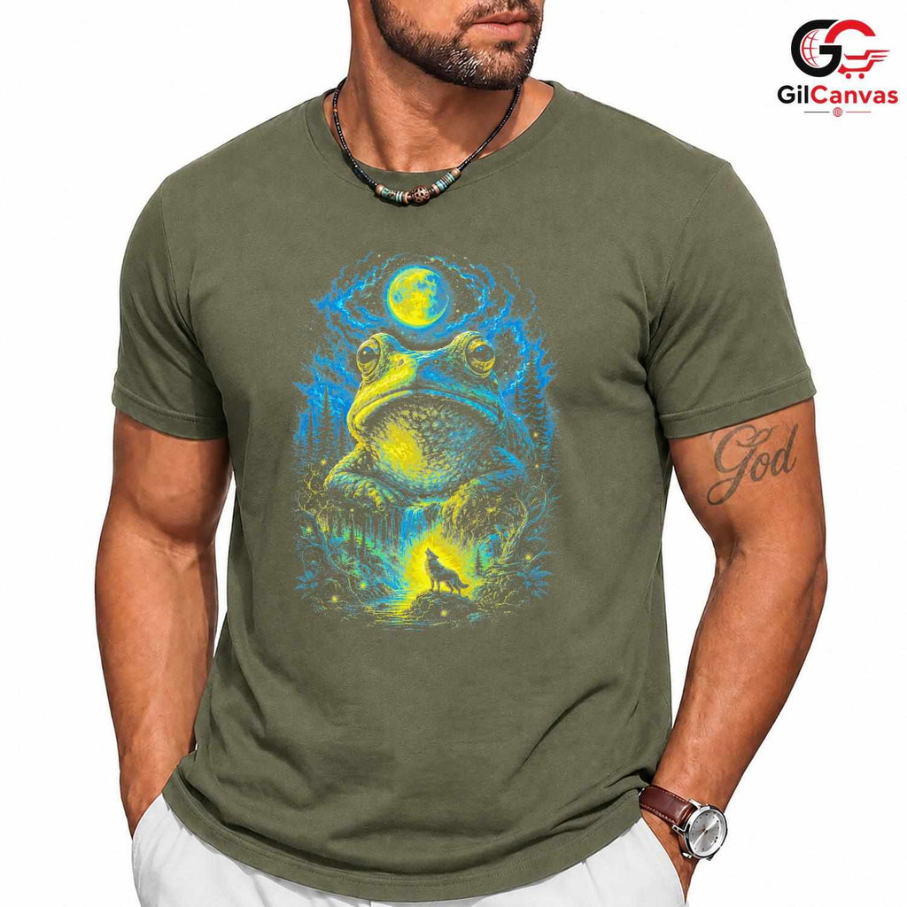Forest Moon Frog T-Shirt Waterfall Design Halloween Graphic Men Women Apparel