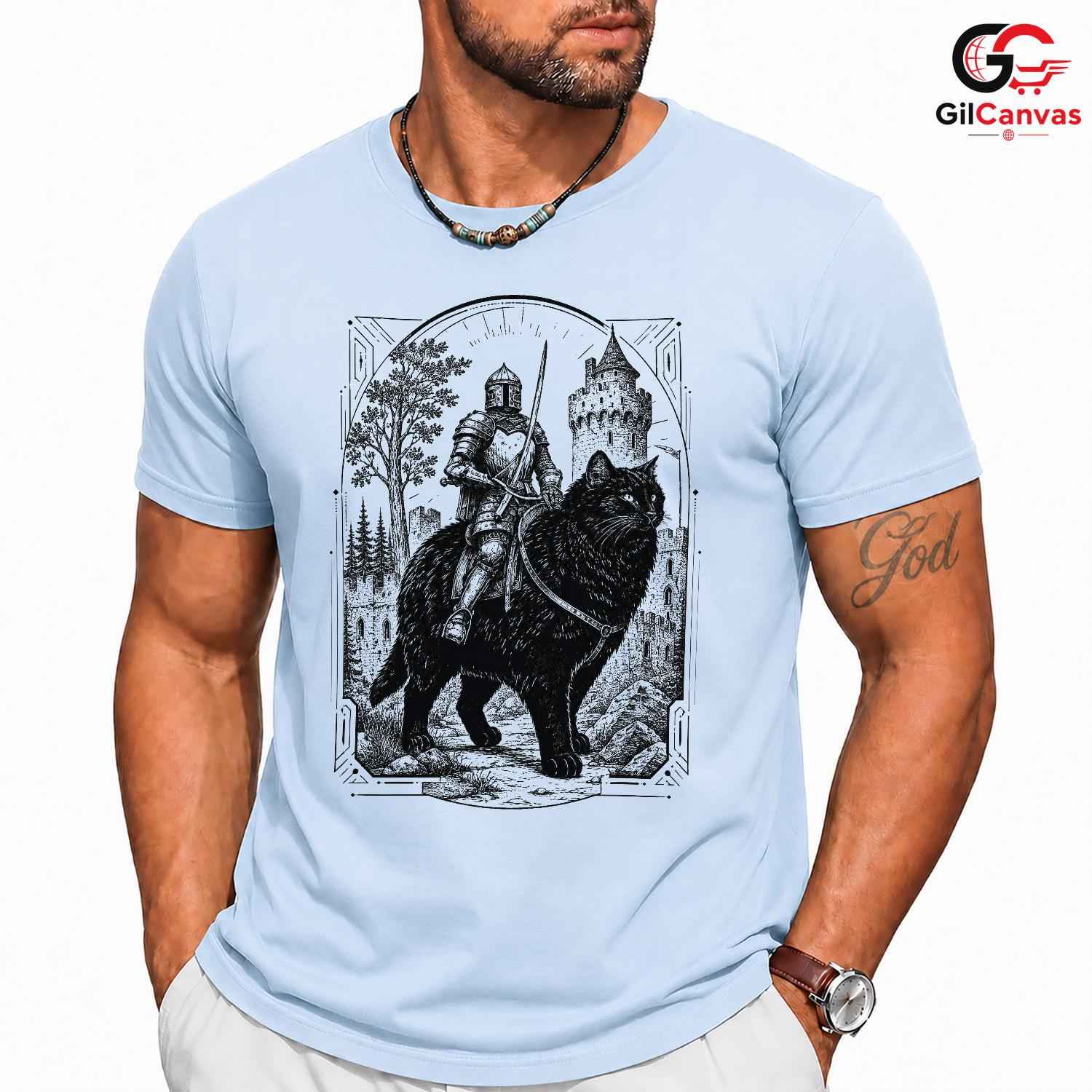 Knight Black Cat T-Shirt Unisex Fantasy Art Adventure Lover Graphic Fun Tee