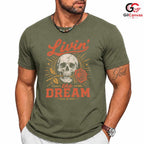 Living The Dream Skull Tee Gothic Style Halloween Casual Wear Unisex Apparel