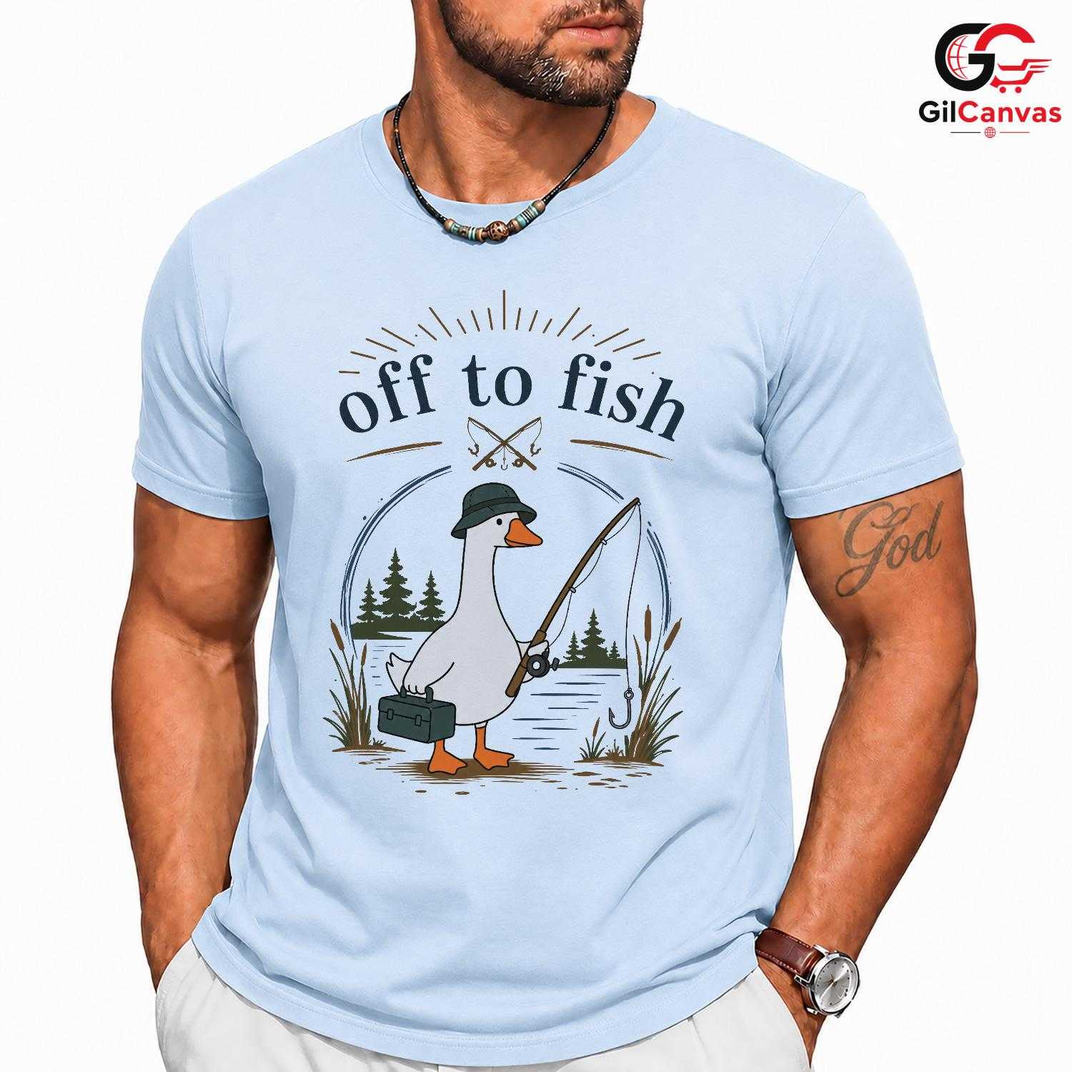 Off To Fish Cartoon Duck T-Shirt Angler Enthusiast Unisex Casual Apparel