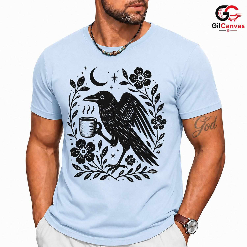 Raven Drinking Coffee T-Shirt Men Women Halloween Stylish Graphic Custom Shirt