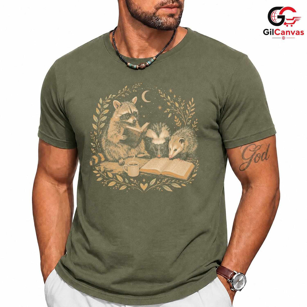 Reading Animals T-Shirt Unisex Book Lover Cute Raccoon Skunk Graphic Apparel