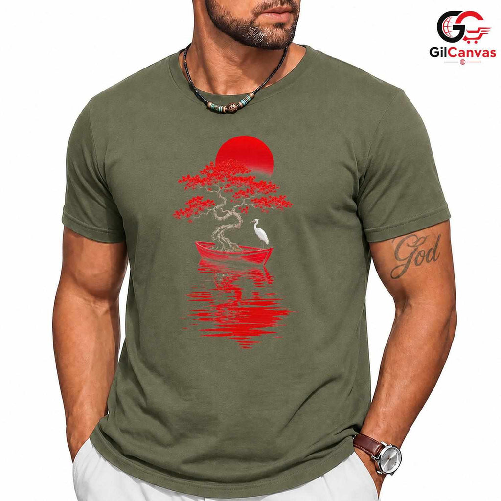 Red Sun Bonsai Tree T-Shirt Asian Art Nature Lover Unisex Graphic Apparel