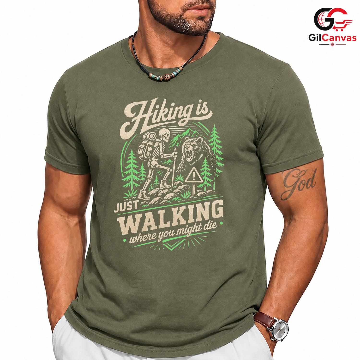 Skeleton Bear Hiking T-Shirt Men Women Outdoor Adventure Trail Hiker Graphic Shirt