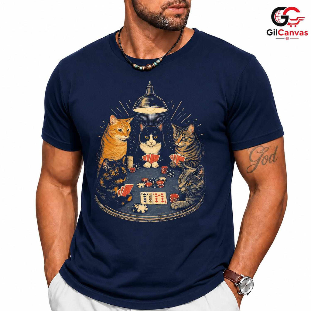 Cats Playing Poker T-Shirt Unisex Humorous Animal Lover Card Graphic Apparel