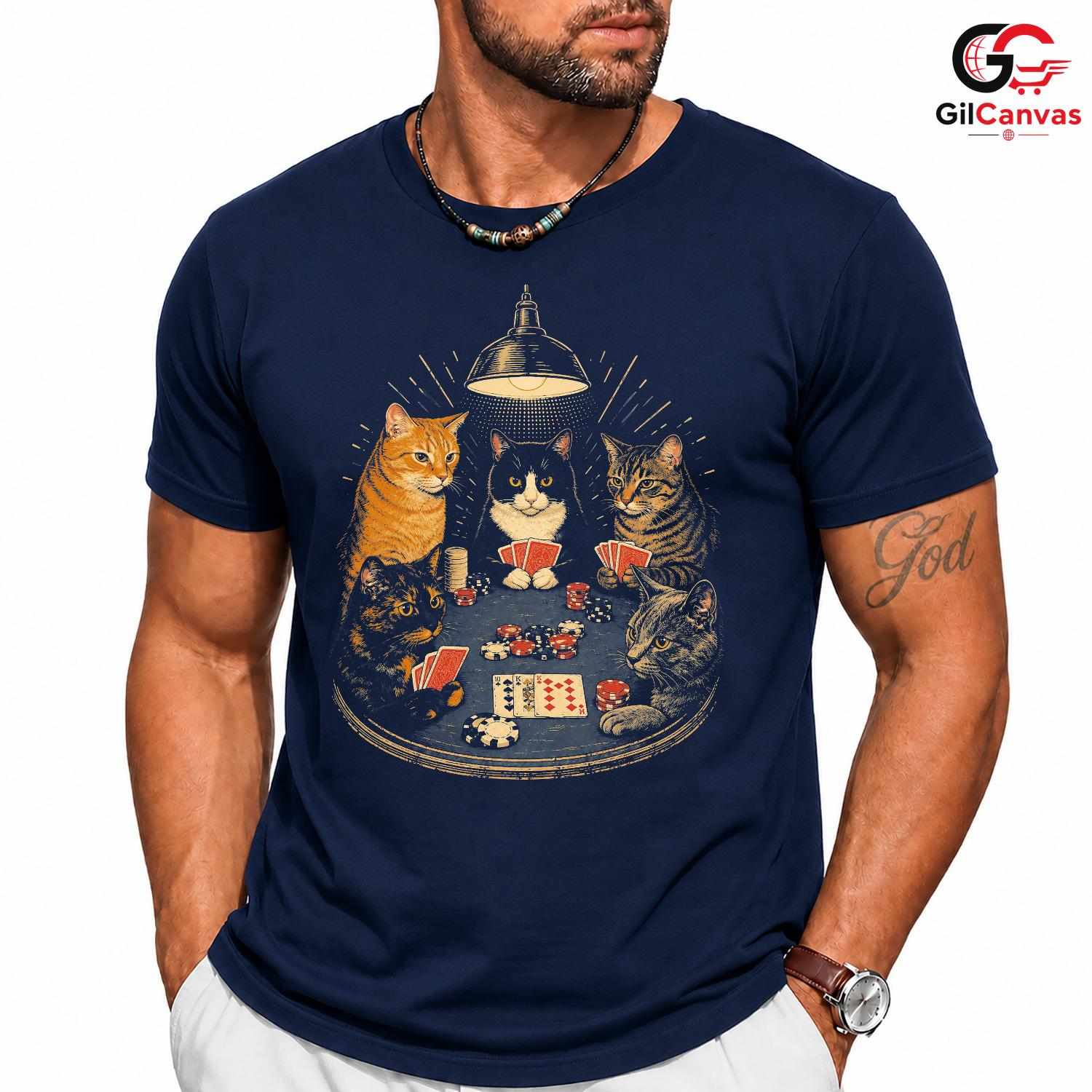 Cats Playing Poker T-Shirt Unisex Humorous Animal Lover Card Graphic Apparel