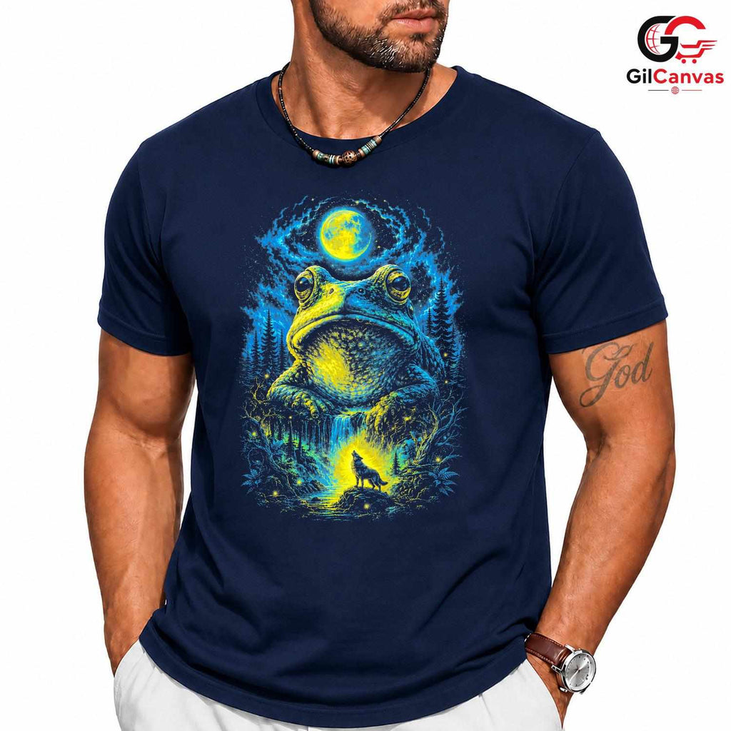 Forest Moon Frog T-Shirt Waterfall Design Halloween Graphic Men Women Apparel
