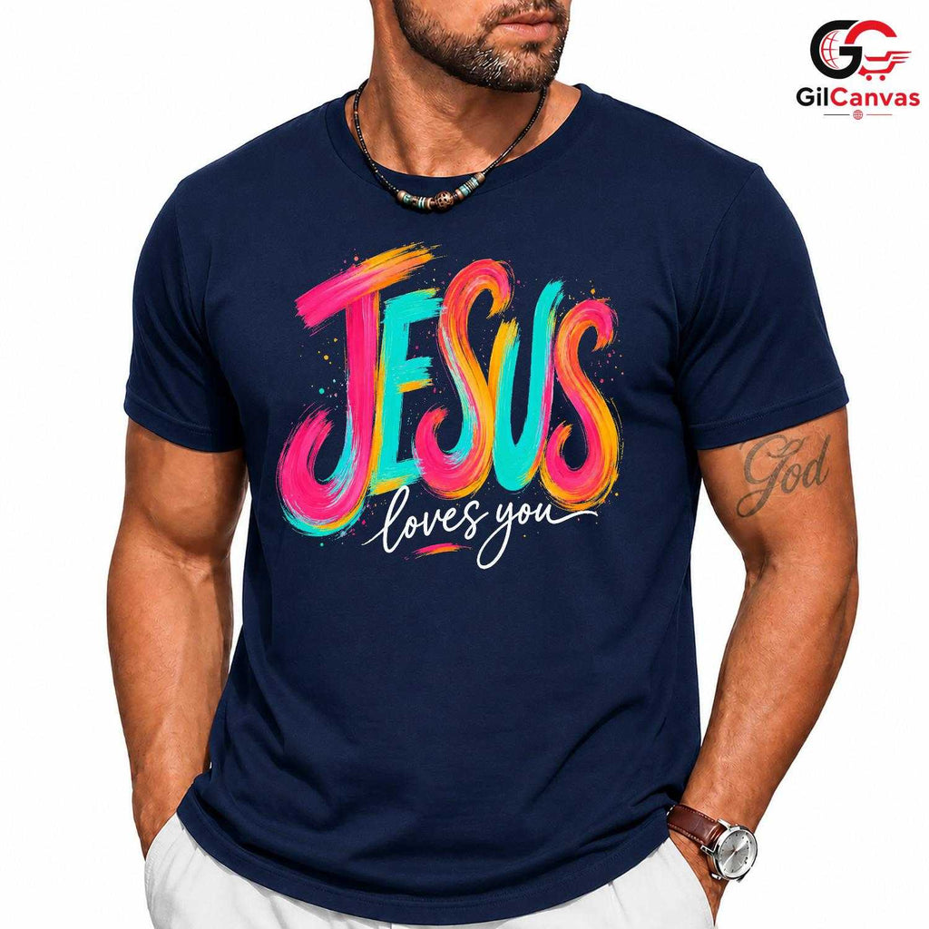 Jesus Loves You Graphic Tee Colorful Christmas Inspirational Unisex Apparel