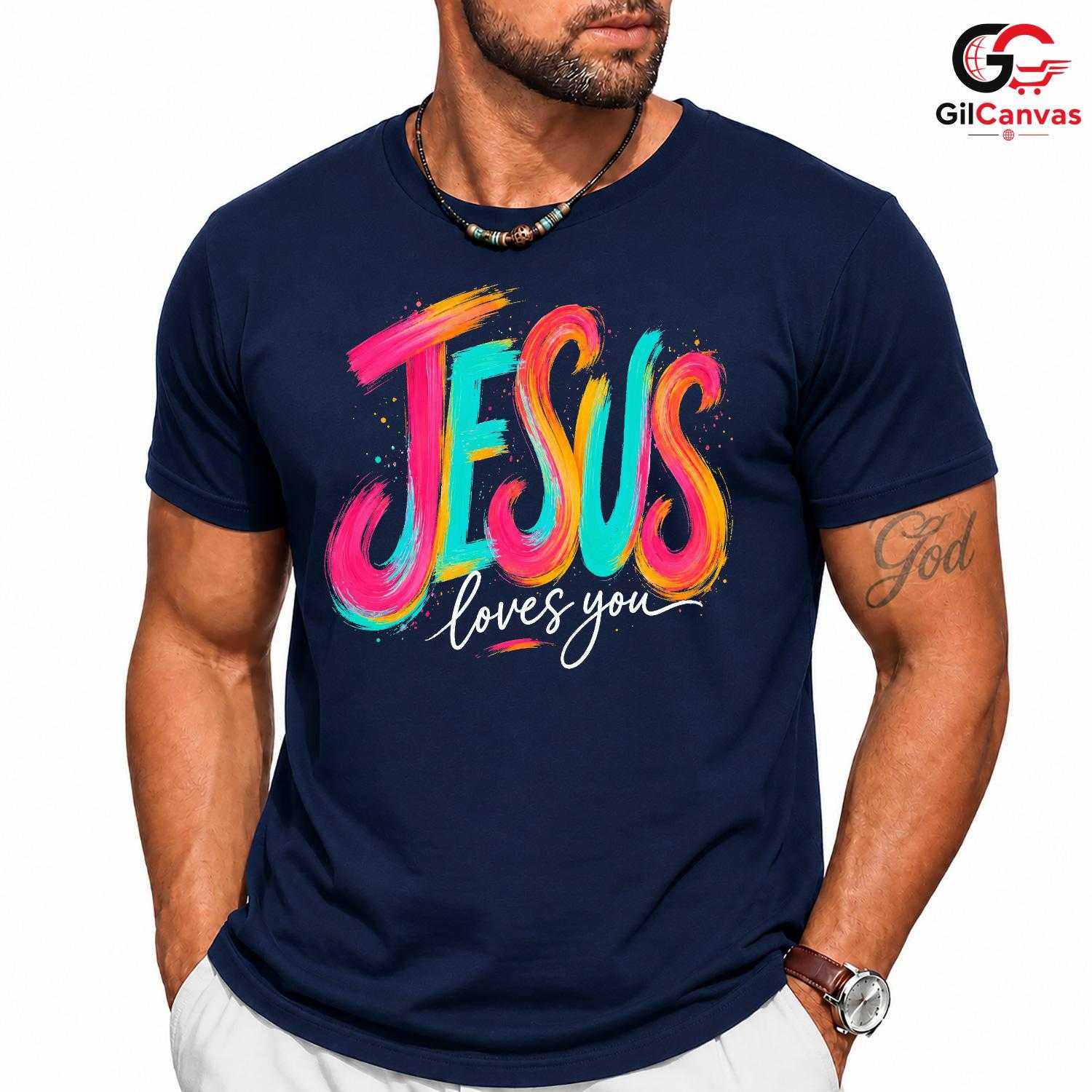 Jesus Loves You Graphic Tee Colorful Christmas Inspirational Unisex Apparel