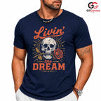 Living The Dream Skull Tee Gothic Style Halloween Casual Wear Unisex Apparel