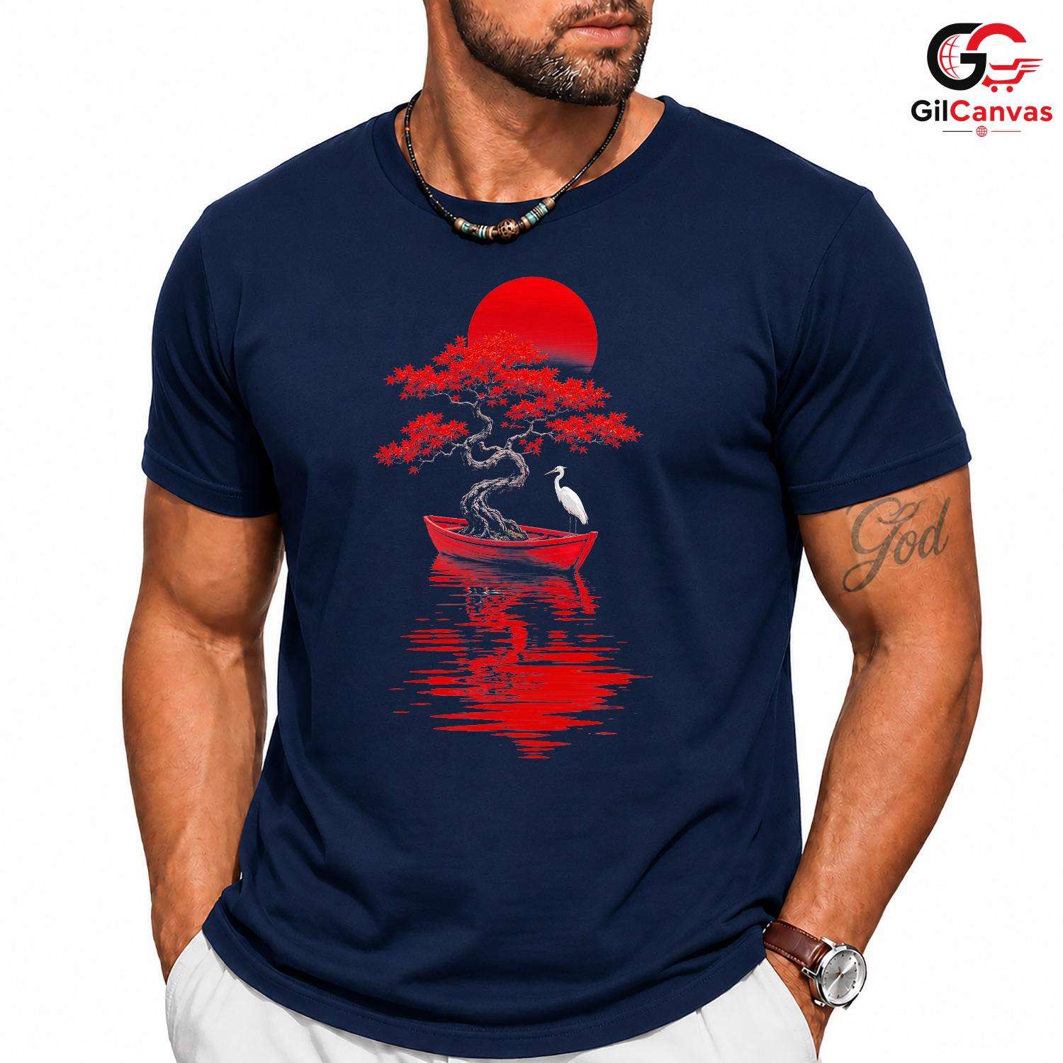 Red Sun Bonsai Tree T-Shirt Asian Art Nature Lover Unisex Graphic Apparel